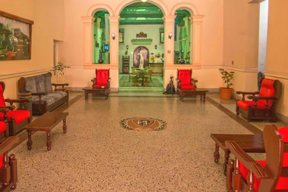 lobby with old wooden furniture