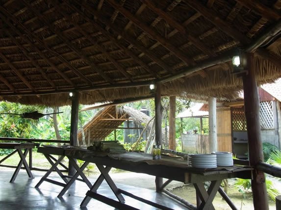 wooden tables under guano roof