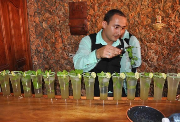 bartender preparando mojitos en la barra de madera