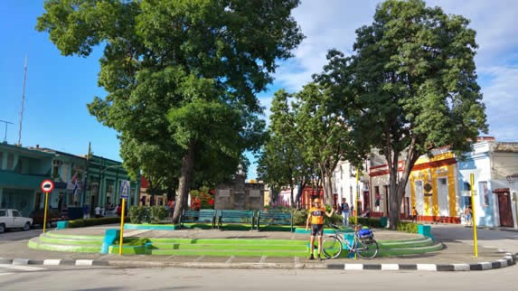 park with big trees and buildings around