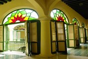 Hotel corridors with  stained glass windows