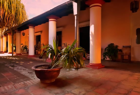 semi-roofed courtyard with columns and vegetation