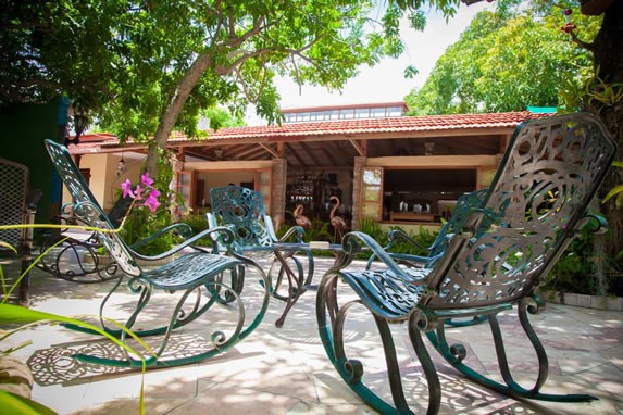 iron armchairs in the green courtyard