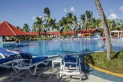 Pool surrounded by sun loungers and palm trees