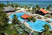 vista aérea de la piscina rodeada de palmeras