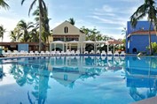 piscina rodeada de tumbonas y palmeras