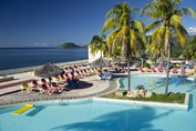 Pool surrounded by sun loungers and palm trees