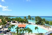 vista aérea de la piscina rodeada de palmeras