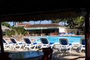 pool surrounded by blue sun loungers