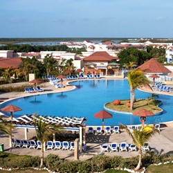 vista aérea de la piscina con palmeras alrededor