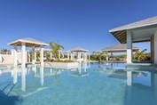 pool with sun loungers and palm trees around