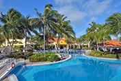 pool surrounded by palm trees and sun loungers