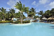 pool surrounded by palm trees and guano umbrellas