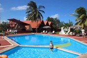 pequeña piscina con palmeras alrededor