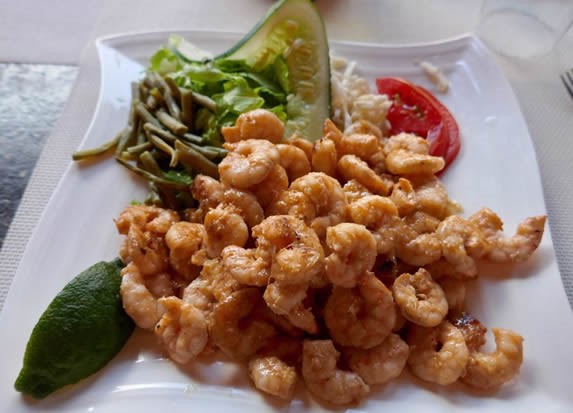 shrimp dish and restaurant salad