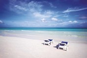 deserted beach with blue loungers on the sand