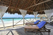 sun loungers under the guano roof on the beach