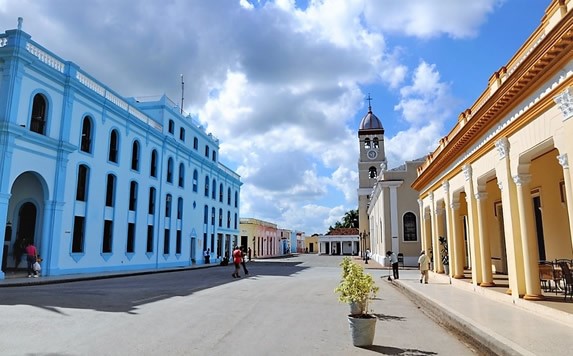 pedestrian street with colorful colonial buildings