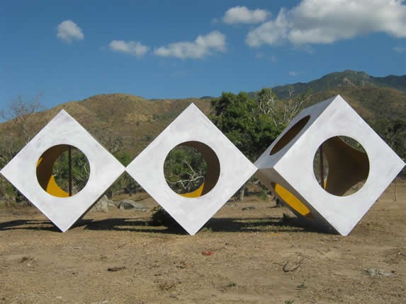Geometric sculptures in a valley.