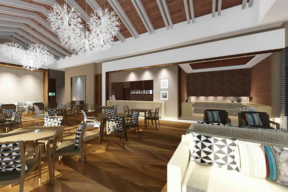 lobby bar with wooden ceiling and furniture