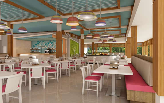 restaurant with white and pink furniture