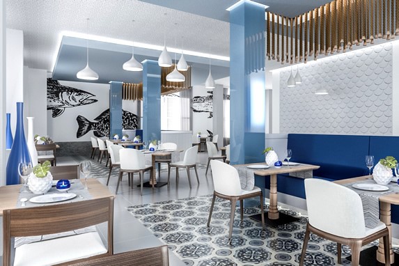 restaurante con mobiliario blanco de madera