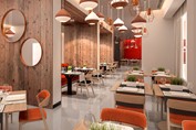 restaurant with orange wooden furniture