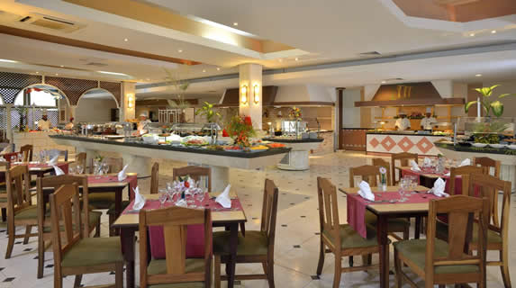 buffet restaurant with food tables