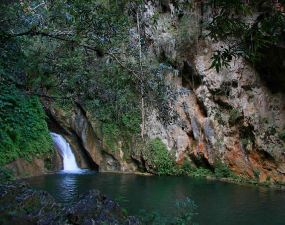 waterfall surrounded by rocks and vegetation