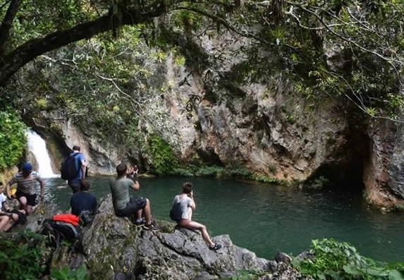 waterfall tourists surrounded by vegetation