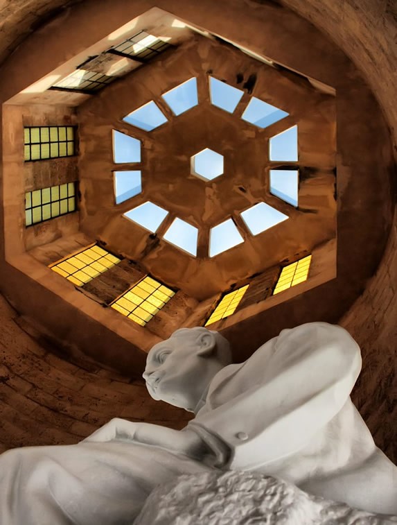 hexagonal ceiling decorated with stained glass