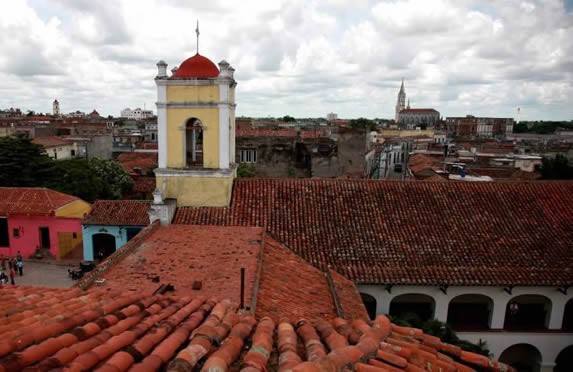 aerial view of the church with red roofs