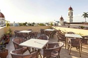 terrace with wicker furniture and beautiful view