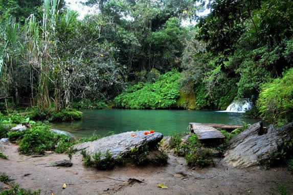 lagoon surrounded by vegetation and rocks