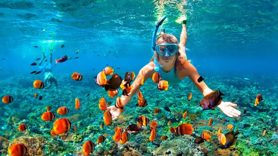 turista buceando rodeado de coloridos peces