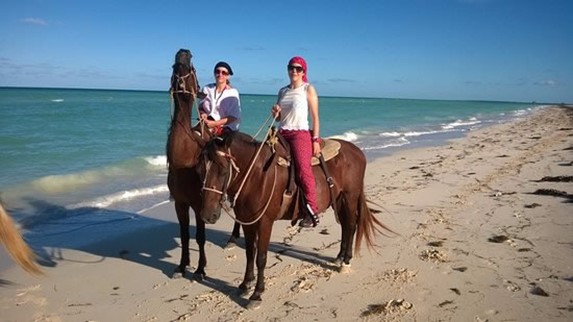 tourists on horses on the shore of the beach