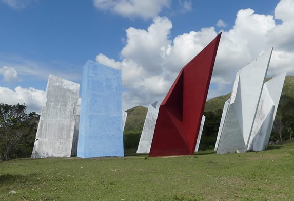 Geometric sculptures in a valley.