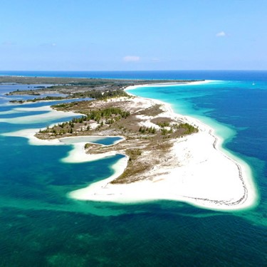 aerial view of white sand beach and blue sea