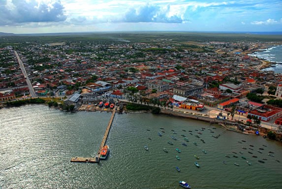 aerial view of the city by the sea