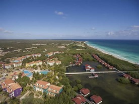 aerial view of the hotel with a lagoon