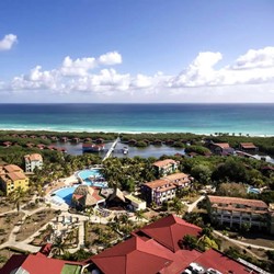 aerial view of the hotel with a lagoon