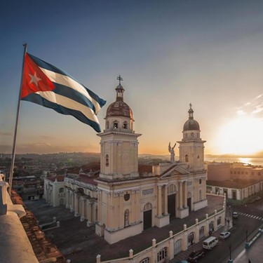 aerial view of the cathedral at sunset