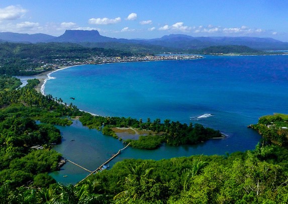 vista aérea del mar con vegetación y montañas