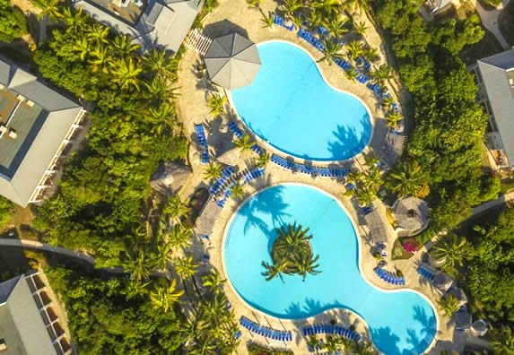 vista aérea de la piscina rodeada de vegetación