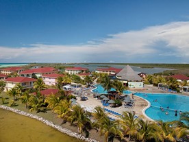 aerial view of the hotel by the lagoon