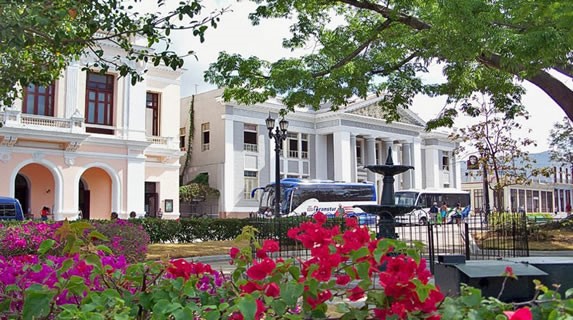facade seen from park surrounded by greenery