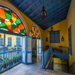 Colorful stained glass view in the hotel corridors