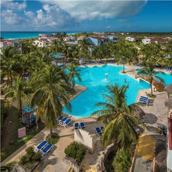 vista aérea de la piscina rodeada de palmeras