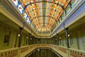 Colorful stained glass windows at the Raquel hotel